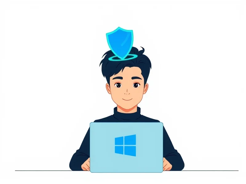 Illustration: Person konfiguriert Microsoft Defender am Windows-Laptop, geschützt durch ein leuchtendes Schild-Symbol